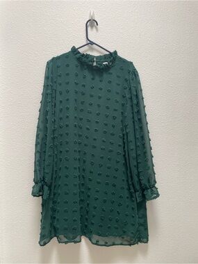 Women’s Textured Green Ruffle-Neck Dress